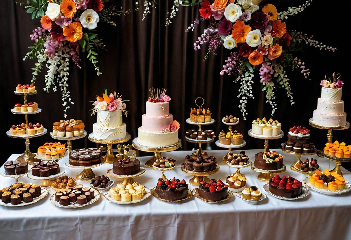 A lavish dessert table adorned with an array of decadent treats like rich chocolate cakes, glossy fruit tarts, and creamy mousses, all beautifully plated and garnished with edible flowers. Soft pastel colors dominate the scene, evoking a sense of indulgence and sweetness, with a hint of sparkling fairy lights in the background. The table should have a luxurious setting, with golden utensils and delicate china, enticing viewers to dive into the world of desserts. high-detail photography. warm lighting. vibrant colors.