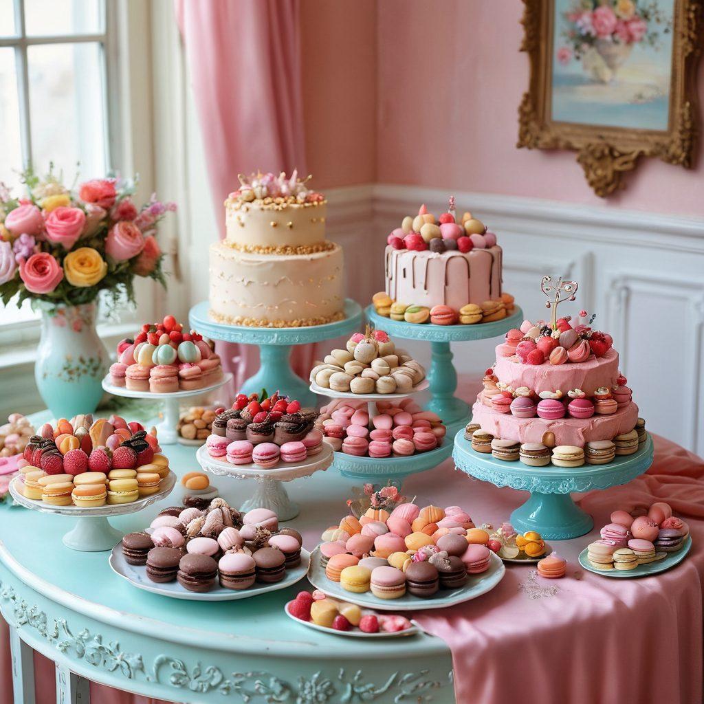 A lavish dessert table laden with an assortment of decadent sweet treats, including richly frosted cakes, colorful macarons, and indulgent chocolate truffles, surrounded by whimsical decorations like flowers and twinkling lights. Each treat should look irresistibly tempting, inviting the viewer to indulge. The setting should evoke a feeling of celebration and joyfulness. pastel colors. super-realistic. vibrant background.