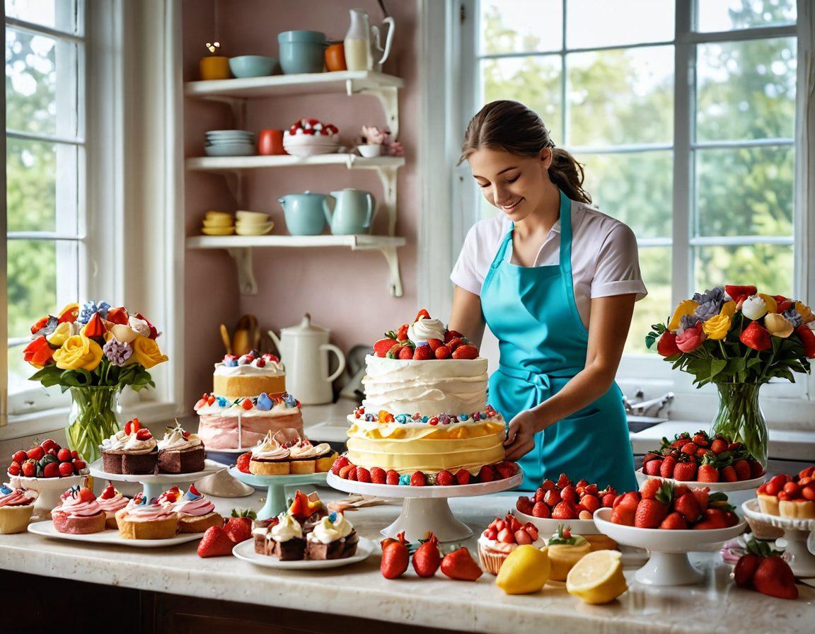 A whimsical kitchen scene filled with a variety of colorful pastries and cakes, topped generously with fluffy whipped cream. A playful chef, wearing a colorful apron, is decorating a large cake with piping bags, surrounded by vibrant ingredients like strawberries and chocolate shavings. Soft sunlight streams through a window, illuminating the delicious creations and creating a dreamy atmosphere. pastel colors. 3D. vibrant colors.